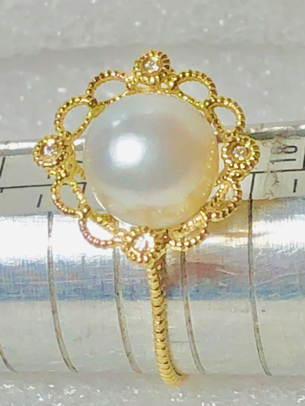 14k Gold White South Sea Tahitian Diamond Accented Ring Size 7